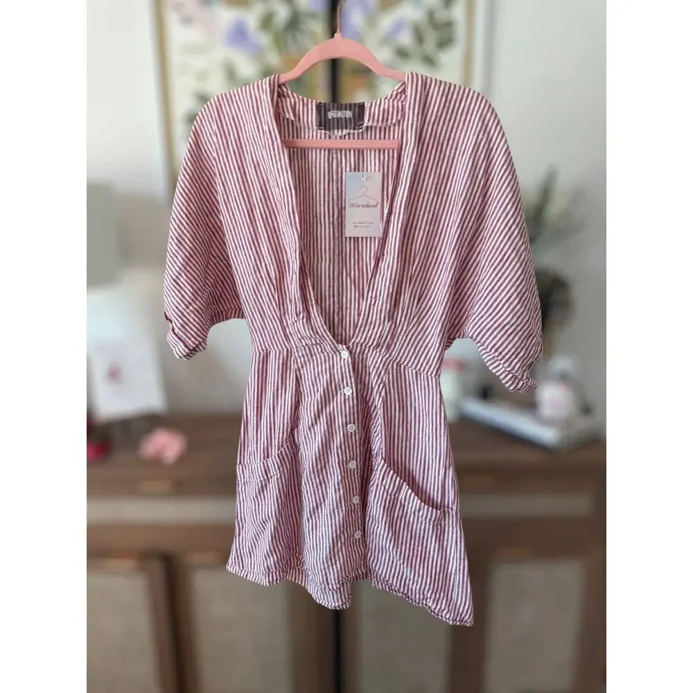 Reformation 100% Linen Striped Cecilia Kimono Mini Dress Red White Womens Size 4 - Picture 2 of 15